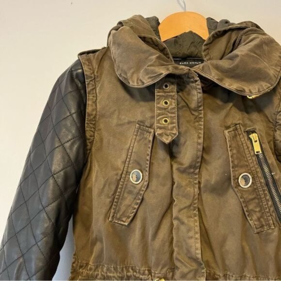 Zara women olive green winter jacket with faux leather quilted small sleeves - Picture 5 of 9
